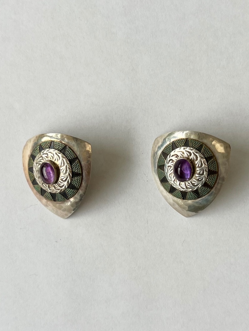 Vintage Tabra Attributed Purple Cabochon Mixed Metal Statement Earrings